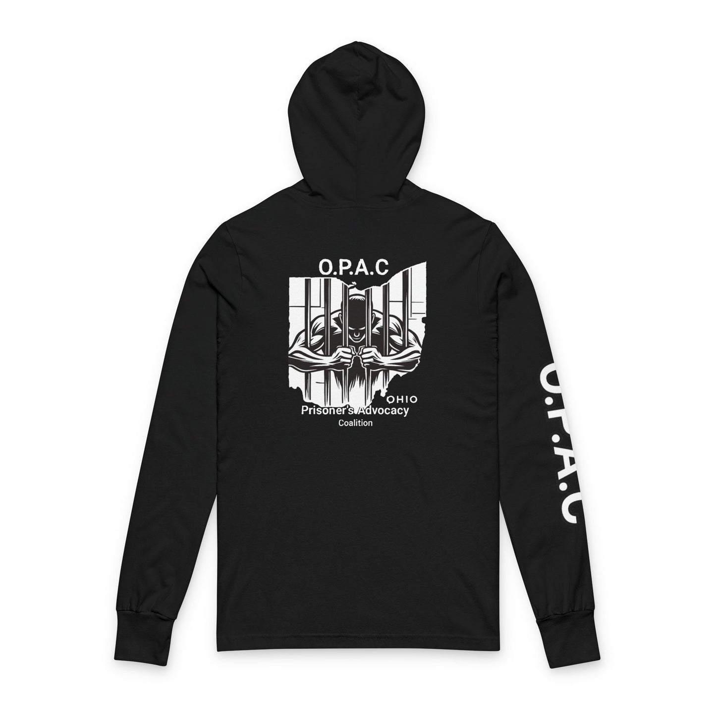 O.P.A.C. Bare-Chested BIG Advocacy Graphic (on back) Hooded Long White-Lettered Text Sleeve Tee, Prisoner Rights Awareness,