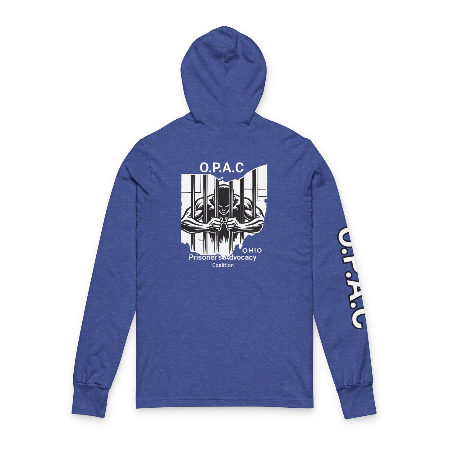 O.P.A.C. Bare-Chested BIG Advocacy Graphic (on back) Hooded Long White-Lettered Text Sleeve Tee, Prisoner Rights Awareness,