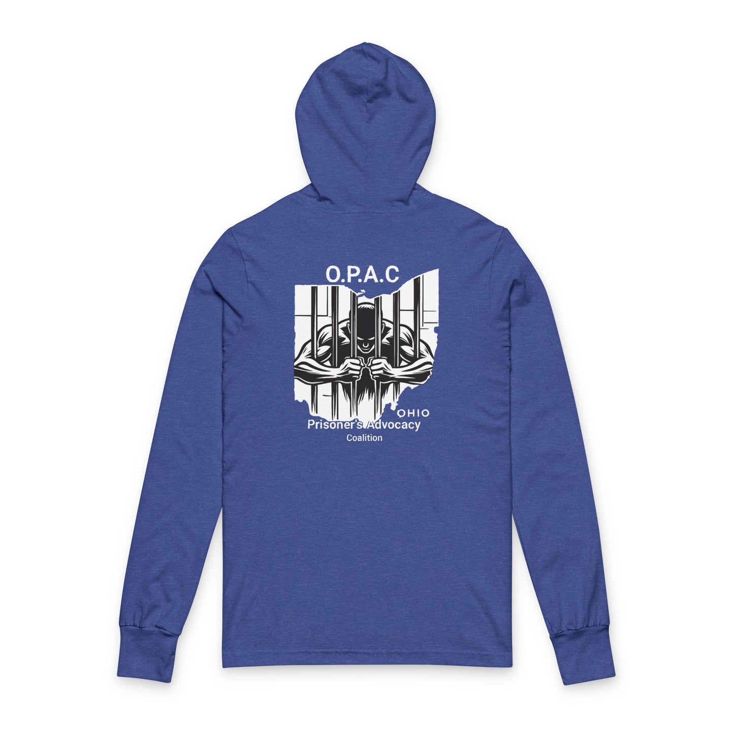 O.P.A.C. White-Lettered Text BIG Advocacy WHITE Graphic (on back) Hooded Long Sleeve Tee, Prisoner Rights Awareness