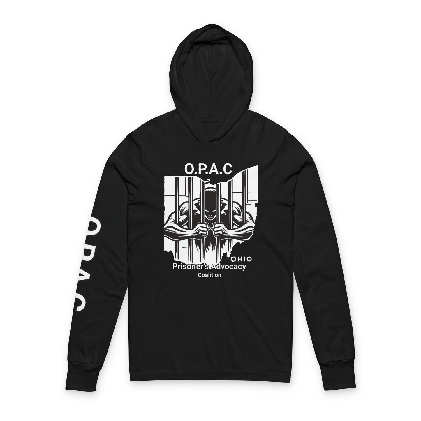 O.P.A.C. Unisex Advocacy White Graphic Hooded Long White-Lettered Text Sleeve Tee, Prisoner Rights Awareness