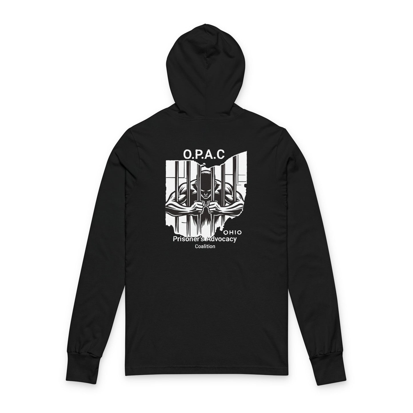 O.P.A.C. White-Lettered Text BIG Advocacy WHITE Graphic (on back) Hooded Long Sleeve Tee, Prisoner Rights Awareness