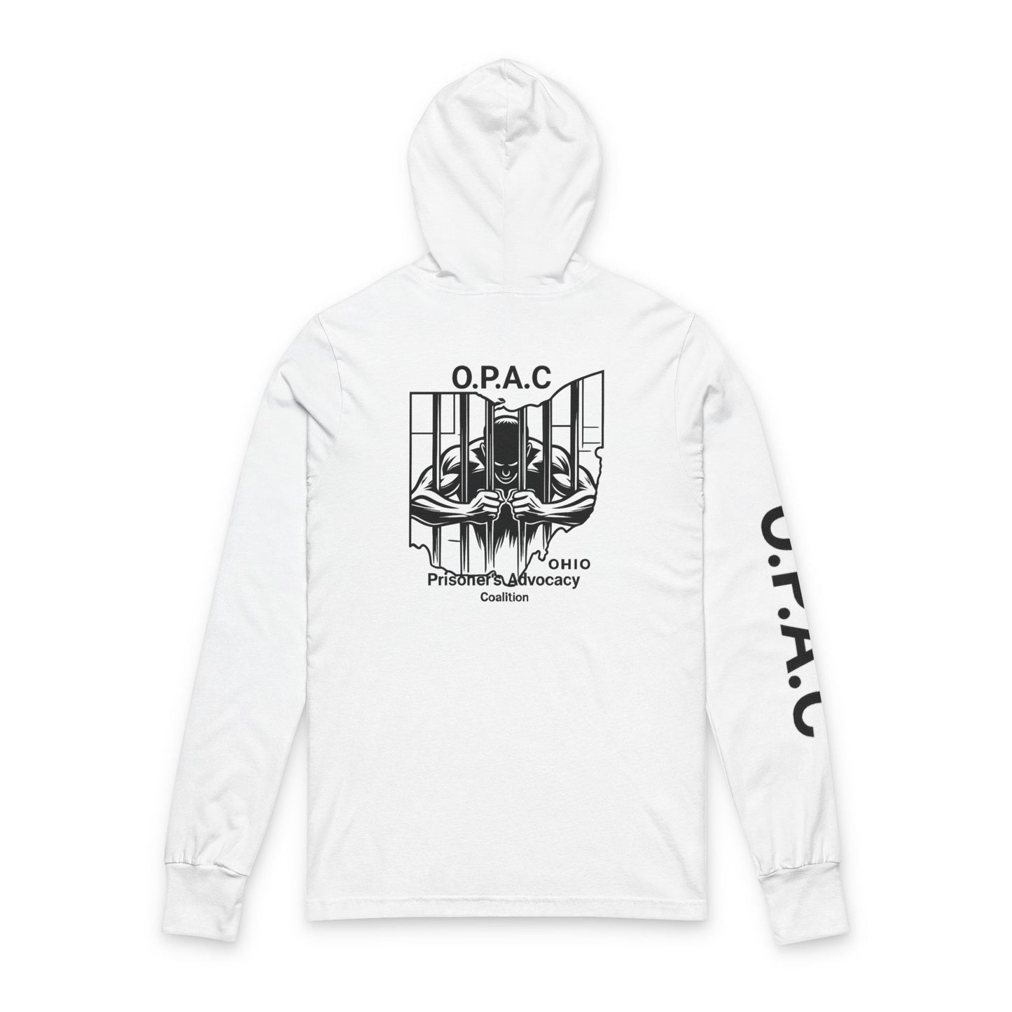 O.P.A.C. Bare-Chested BIG Advocacy Graphic (on back) Hooded Long Black-Lettered Text Sleeve Tee, Prisoner Rights Awareness, Unisex Tee, Casual Advocacy Apparel, Comfortable Statement Wear