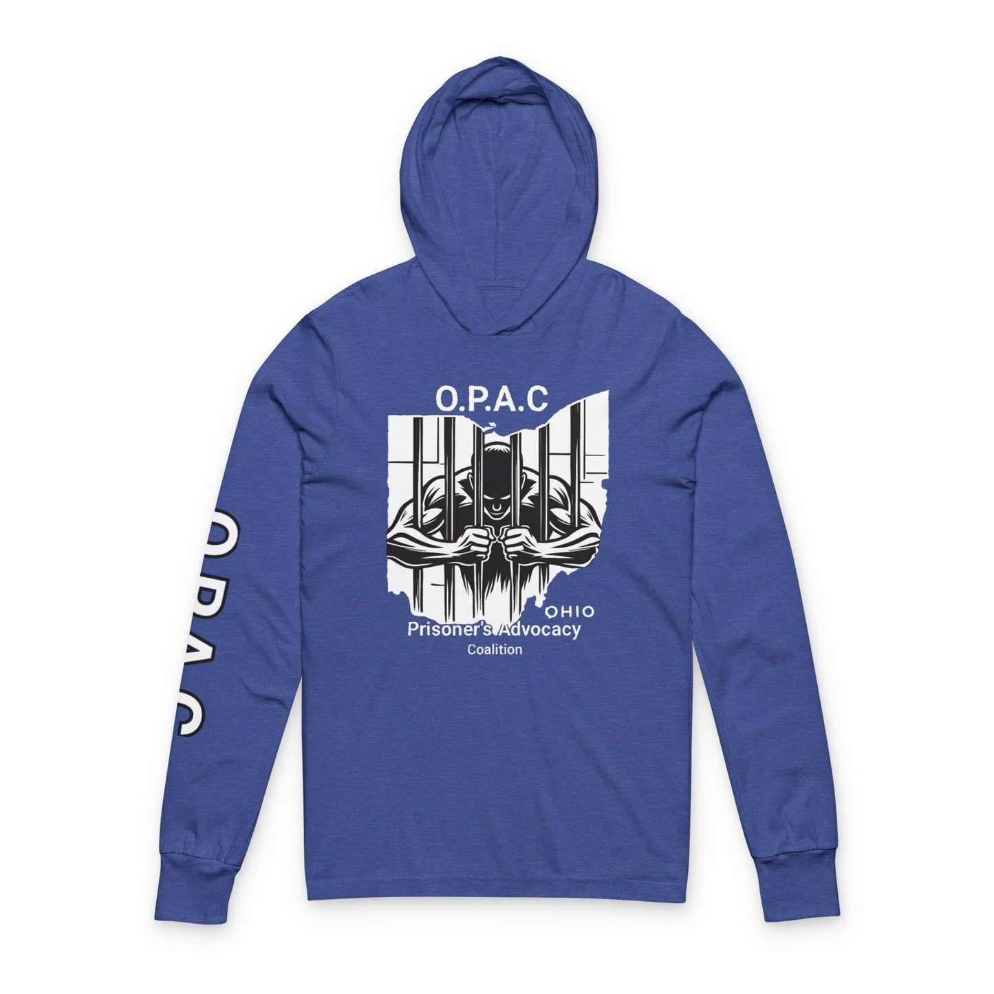 O.P.A.C. Unisex Advocacy White Graphic Hooded Long White-Lettered Text Sleeve Tee, Prisoner Rights Awareness
