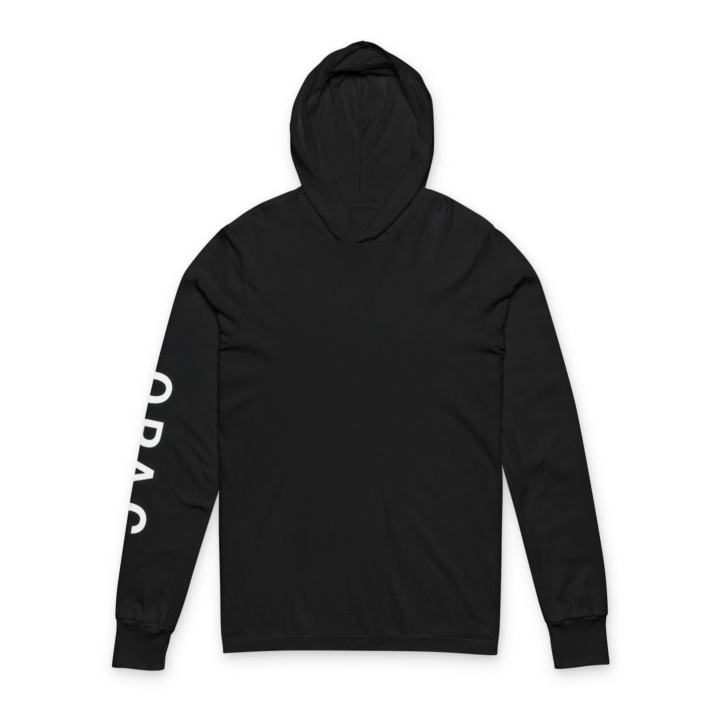 O.P.A.C. Bare-Chested BIG Advocacy Graphic (on back) Hooded Long White-Lettered Text Sleeve Tee, Prisoner Rights Awareness,