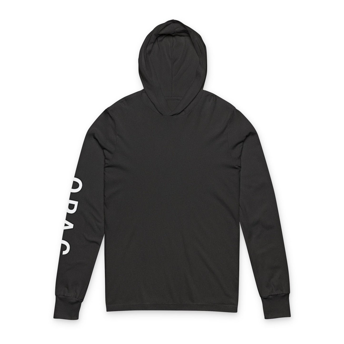O.P.A.C. Bare-Chested BIG Advocacy Graphic (on back) Hooded Long White-Lettered Text Sleeve Tee, Prisoner Rights Awareness,