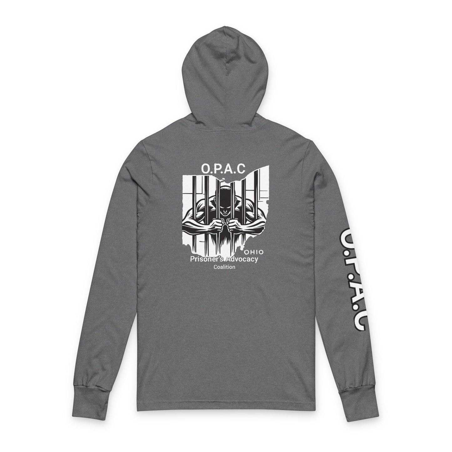 O.P.A.C. Bare-Chested BIG Advocacy Graphic (on back) Hooded Long White-Lettered Text Sleeve Tee, Prisoner Rights Awareness,