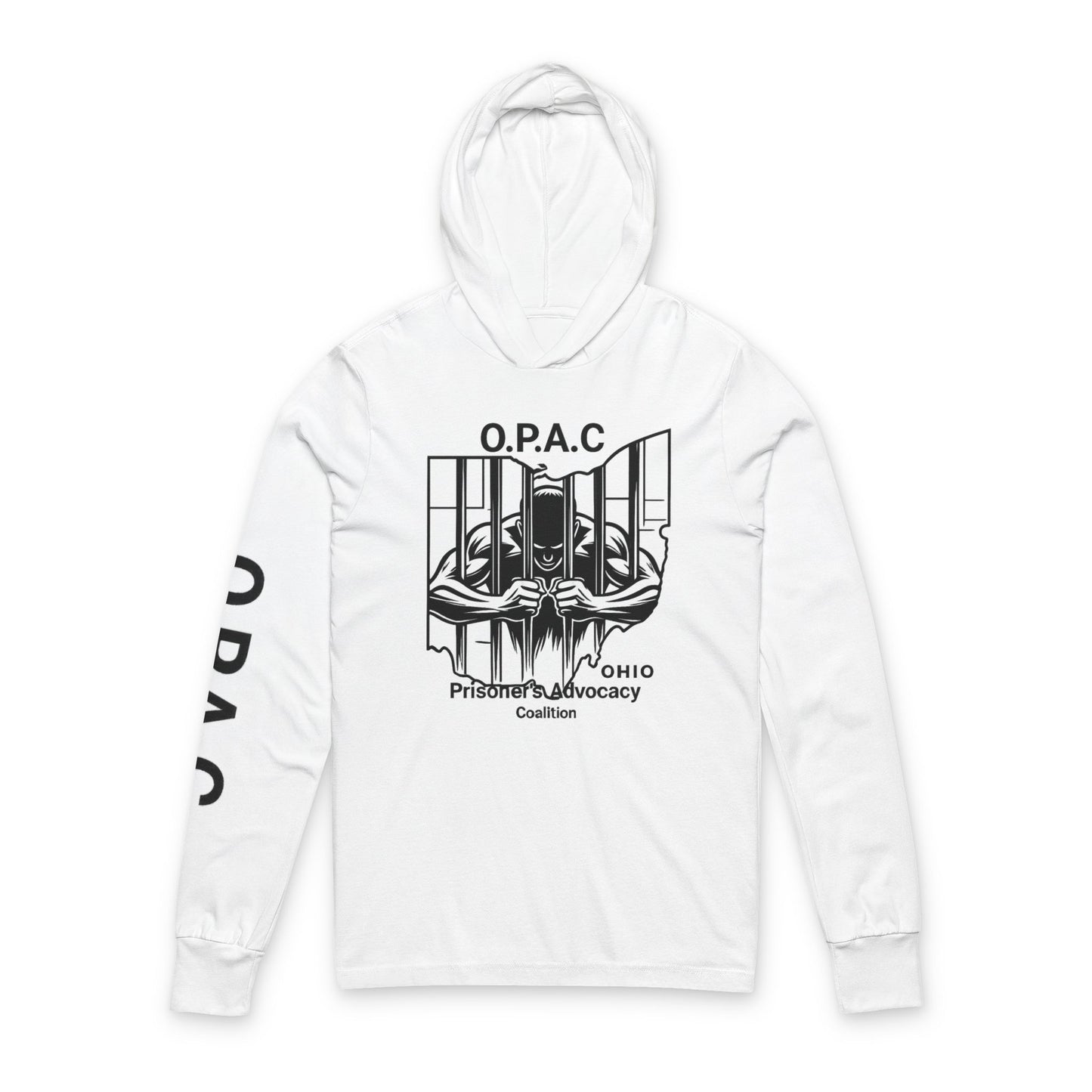 O.P.A.C. Advocacy Graphic Hooded Long Black-Lettered Text Sleeve Tee, Prisoner Rights Awareness