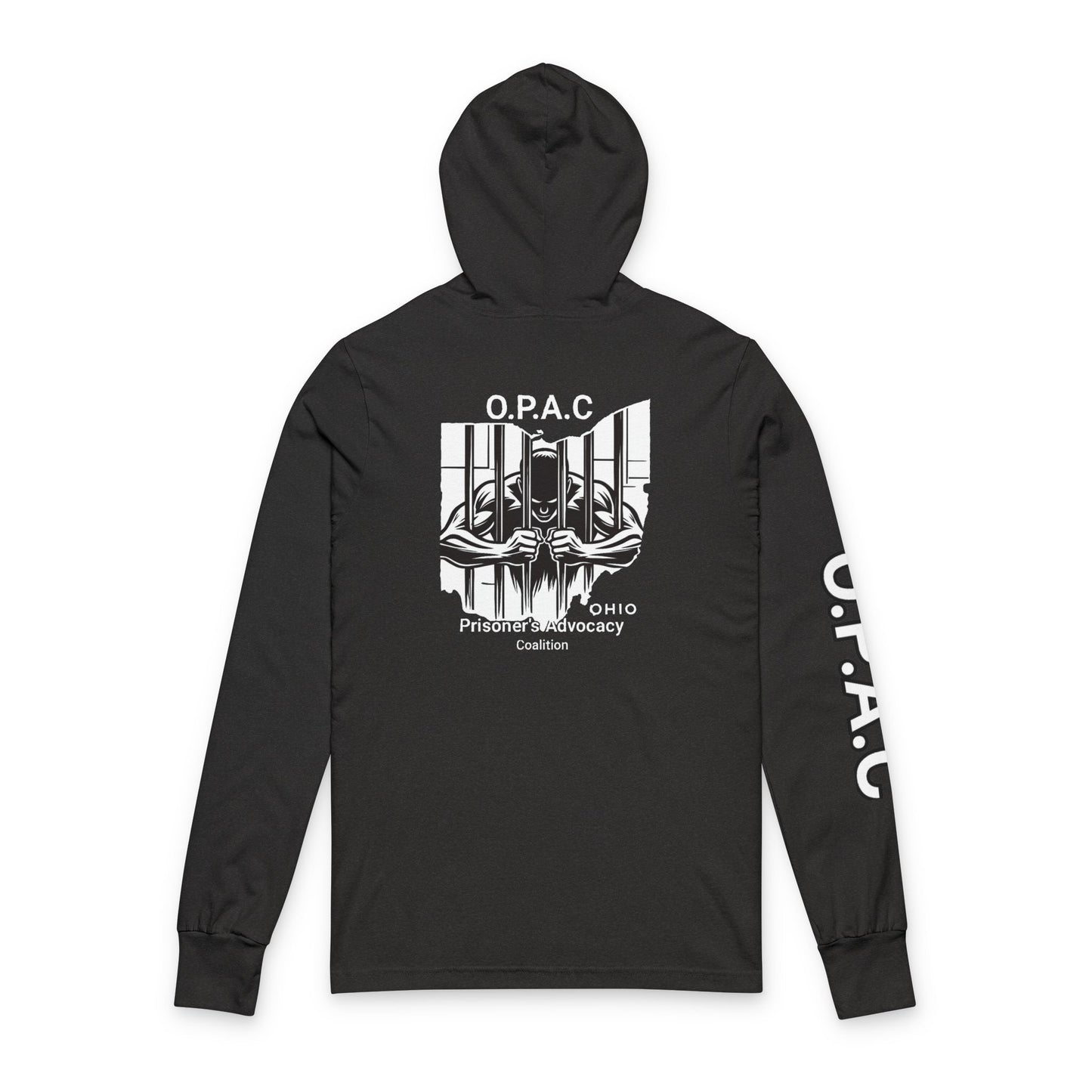 O.P.A.C. Bare-Chested BIG Advocacy Graphic (on back) Hooded Long White-Lettered Text Sleeve Tee, Prisoner Rights Awareness,