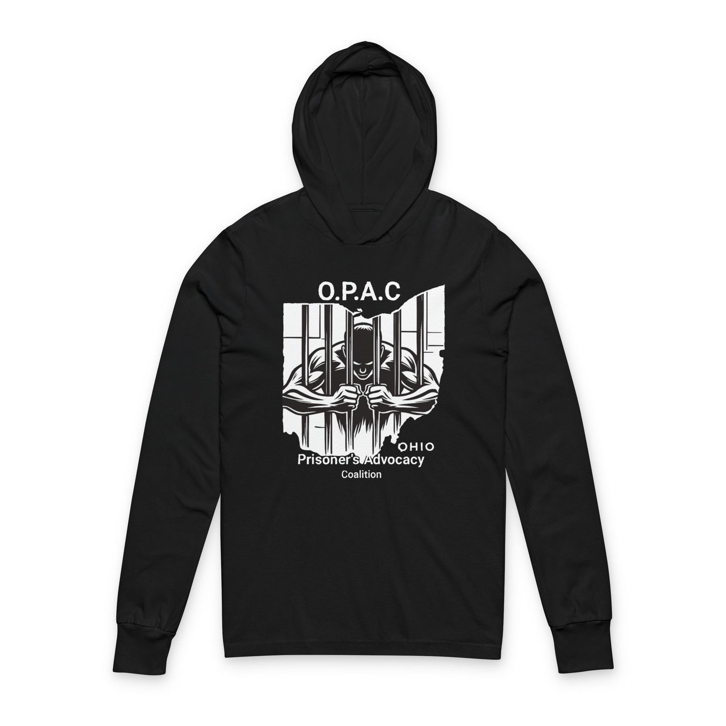 O.P.A.C. Advocacy WHITE Graphic Hooded Long Sleeve Tee, Prisoner Rights Awareness