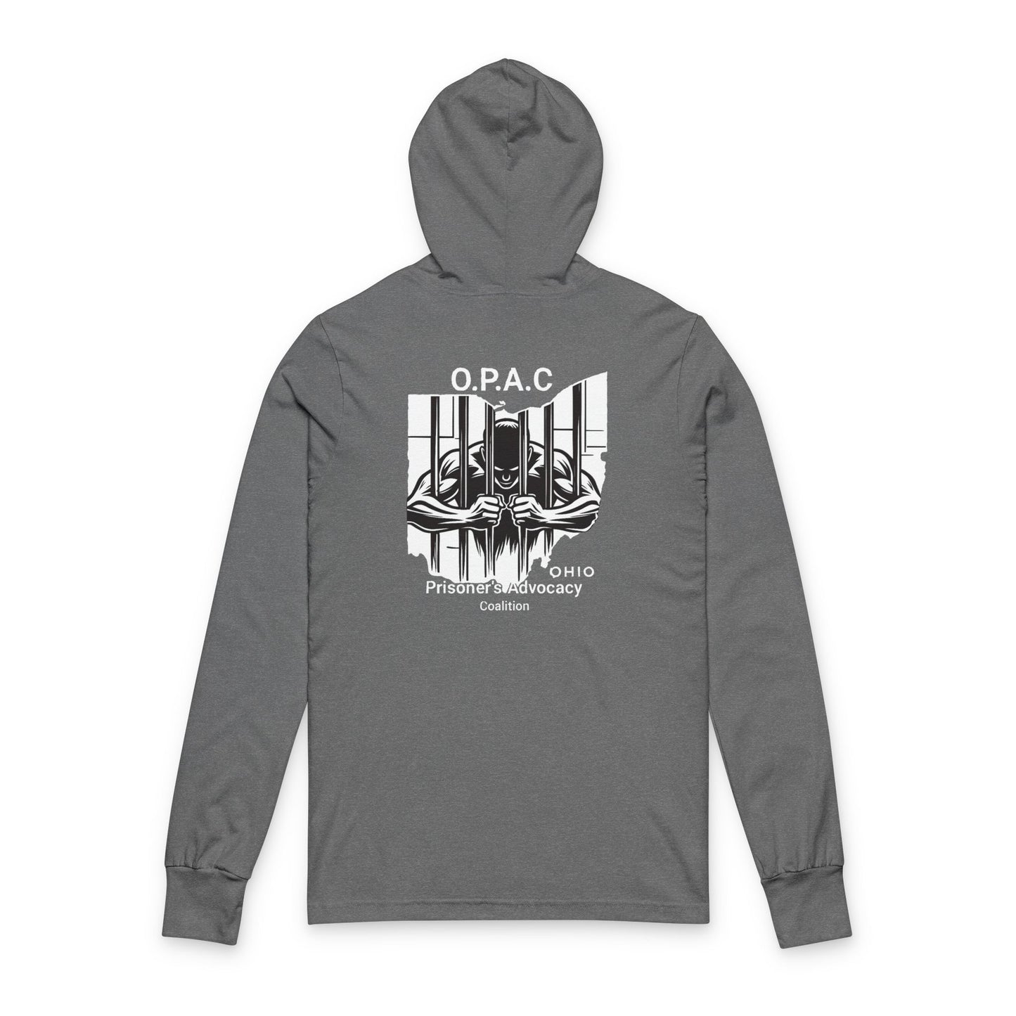 O.P.A.C. White-Lettered Text BIG Advocacy WHITE Graphic (on back) Hooded Long Sleeve Tee, Prisoner Rights Awareness