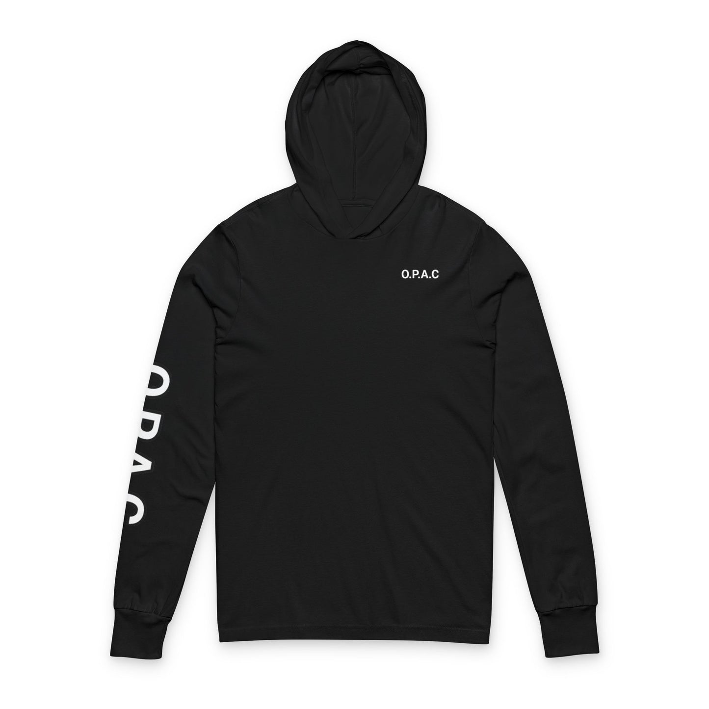 O.P.A.C. White-Lettered Text Advocacy Graphic Hooded Long White-Lettered Text Sleeve Tee, Prisoner Rights Awareness