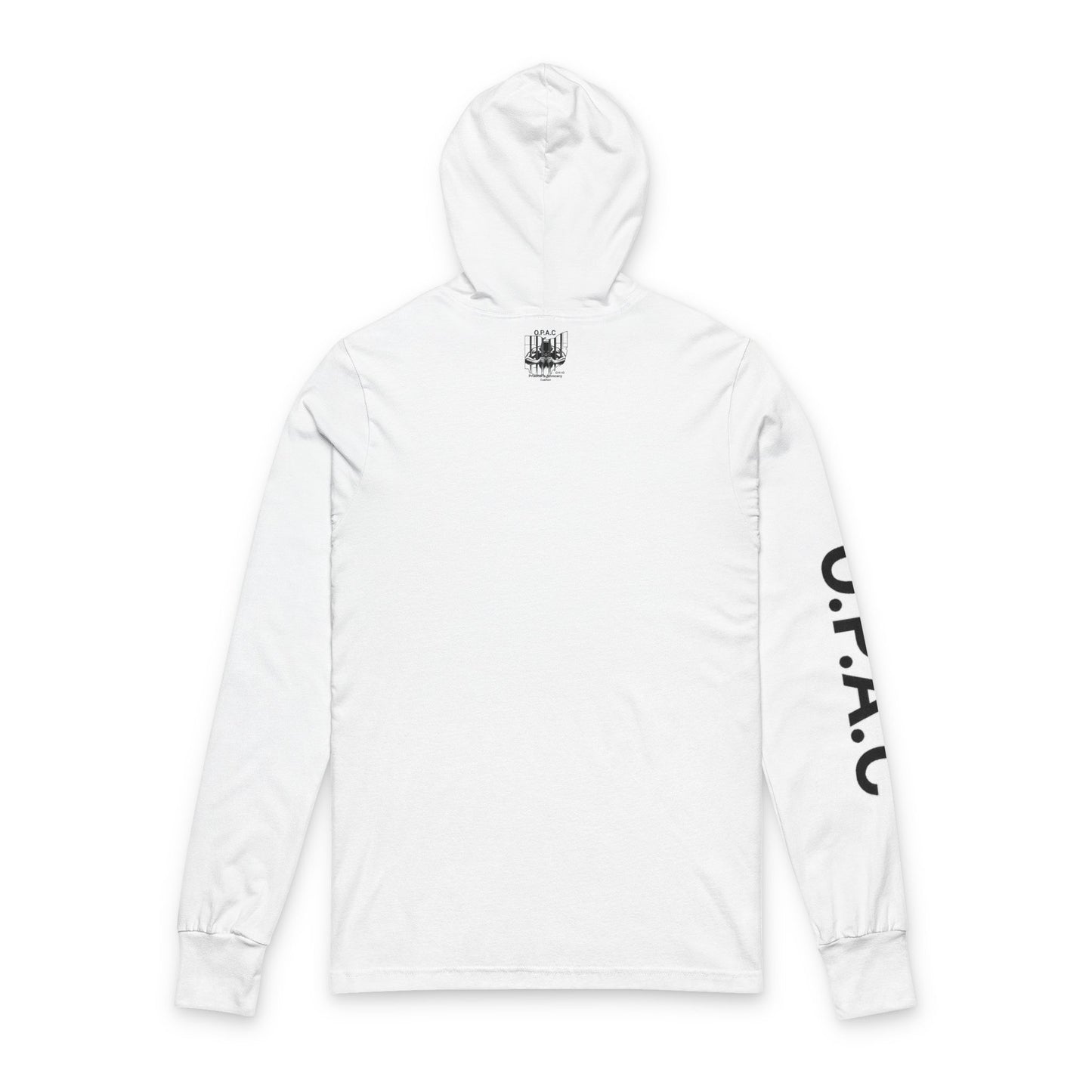 O.P.A.C. Black-Lettered Text Advocacy Graphic Hooded Long Black-Lettered Text Sleeve Tee, Prisoner Rights Awareness
