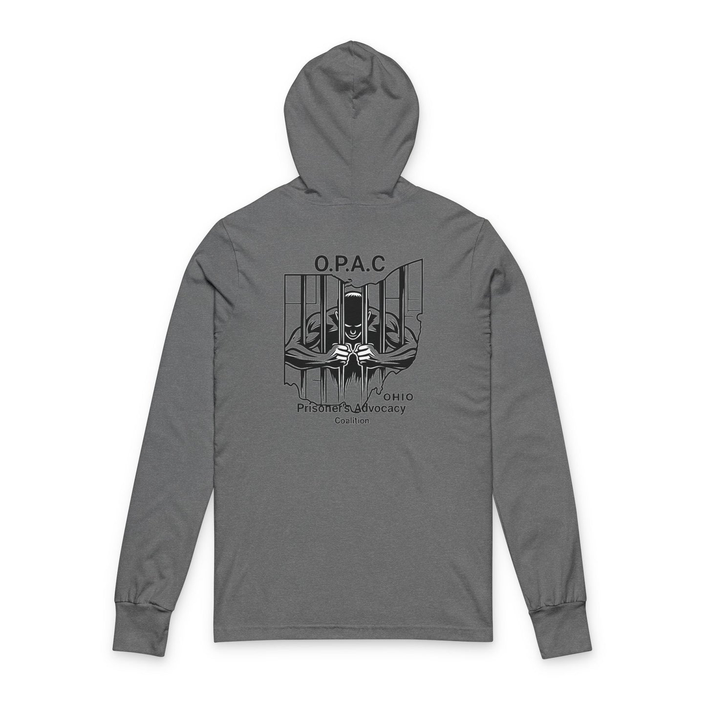O.P.A.C. Black-Lettered Text BIG Advocacy Graphic (on back) Hooded Long Sleeve Tee, Prisoner Rights Awareness