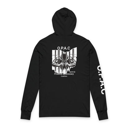 O.P.A.C. Bare-Chested BIG Advocacy Graphic (on back) Hooded Long White-Lettered Text Sleeve Tee, Prisoner Rights Awareness,