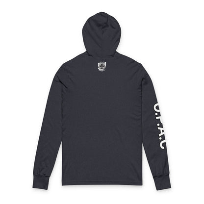 Unisex Hooded White-Lettering Long Sleeve Tee - O.P.A.C Bare-Chested Advocacy White Graphic (on back neck) Tee, Prisoner Rights Awareness