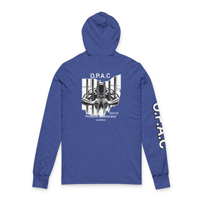 O.P.A.C. Bare-Chested BIG Advocacy Graphic (on back) Hooded Long White-Lettered Text Sleeve Tee, Prisoner Rights Awareness,