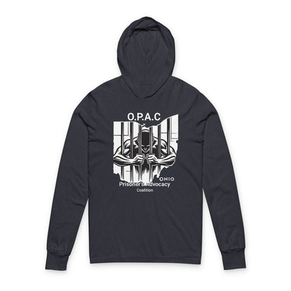 O.P.A.C. Advocacy WHITE Graphic Hooded Long Sleeve Tee, Prisoner Rights Awareness