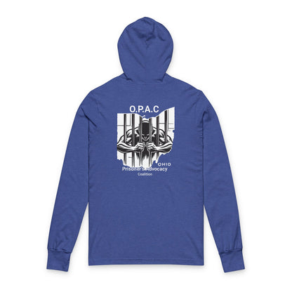 O.P.A.C. White-Lettered Text BIG Advocacy WHITE Graphic (on back) Hooded Long Sleeve Tee, Prisoner Rights Awareness