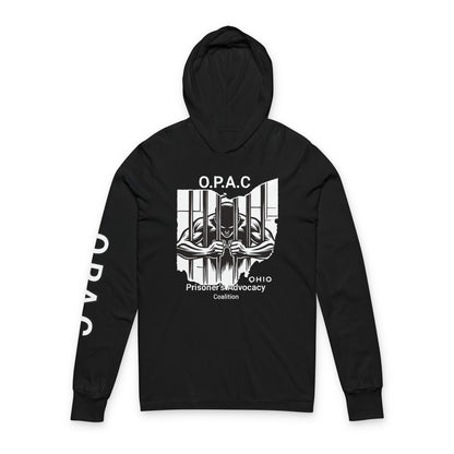 O.P.A.C. Unisex Advocacy White Graphic Hooded Long White-Lettered Text Sleeve Tee, Prisoner Rights Awareness