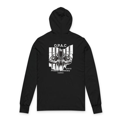 O.P.A.C. White-Lettered Text BIG Advocacy WHITE Graphic (on back) Hooded Long Sleeve Tee, Prisoner Rights Awareness