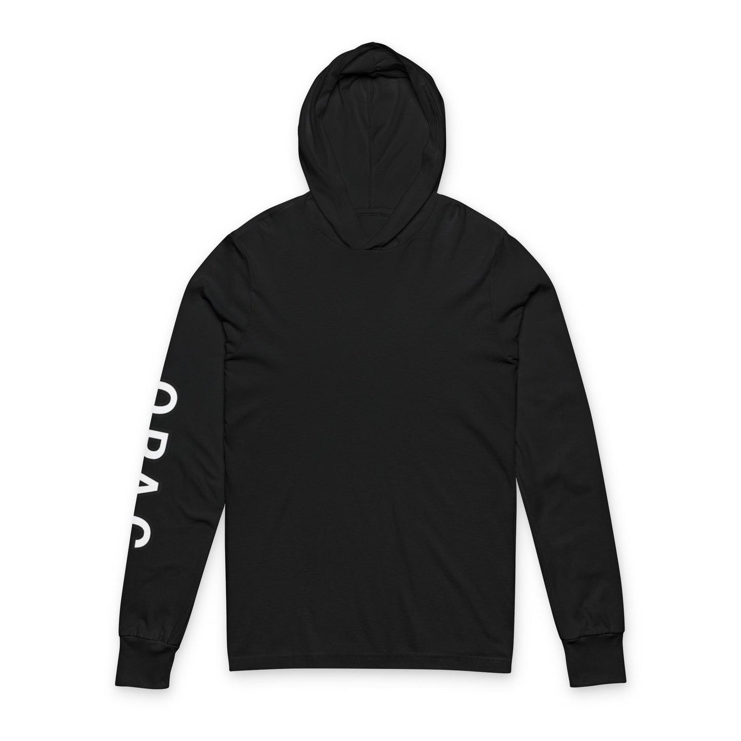 Unisex Hooded White-Lettering Long Sleeve Tee - O.P.A.C Bare-Chested Advocacy White Graphic (on back neck) Tee, Prisoner Rights Awareness