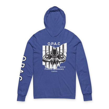 O.P.A.C. Unisex Advocacy White Graphic Hooded Long White-Lettered Text Sleeve Tee, Prisoner Rights Awareness