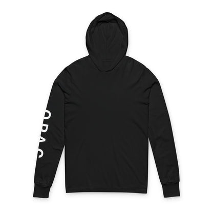 O.P.A.C. Bare-Chested BIG Advocacy Graphic (on back) Hooded Long White-Lettered Text Sleeve Tee, Prisoner Rights Awareness,