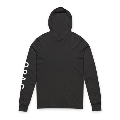 O.P.A.C. Bare-Chested BIG Advocacy Graphic (on back) Hooded Long White-Lettered Text Sleeve Tee, Prisoner Rights Awareness,