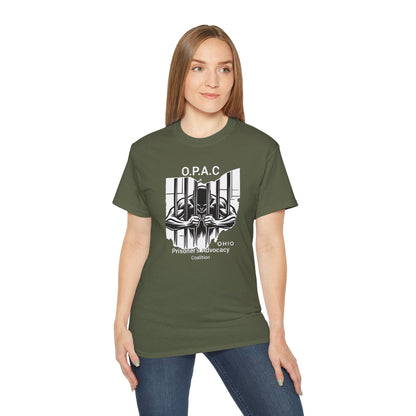 White O.P.A.C. Logo Advocacy Tee, Unisex Cotton T-Shirt for Supporters, Prison Advocacy, Social Justice, Awareness Shirt, Gift for Activists