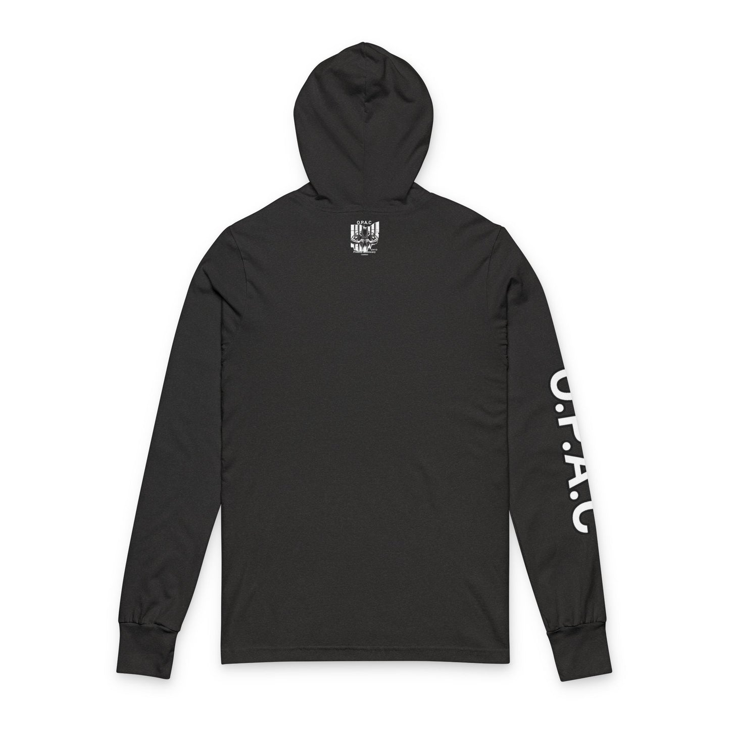 O.P.A.C. White-Lettered Text Advocacy Graphic Hooded Long White-Lettered Text Sleeve Tee, Prisoner Rights Awareness