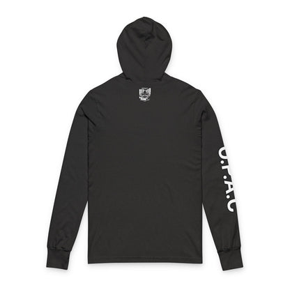 O.P.A.C. White-Lettered Text Advocacy Graphic Hooded Long White-Lettered Text Sleeve Tee, Prisoner Rights Awareness