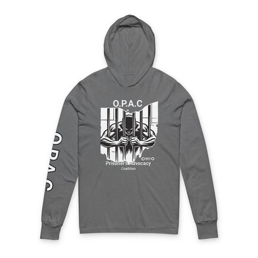 O.P.A.C. Unisex Advocacy White Graphic Hooded Long White-Lettered Text Sleeve Tee, Prisoner Rights Awareness