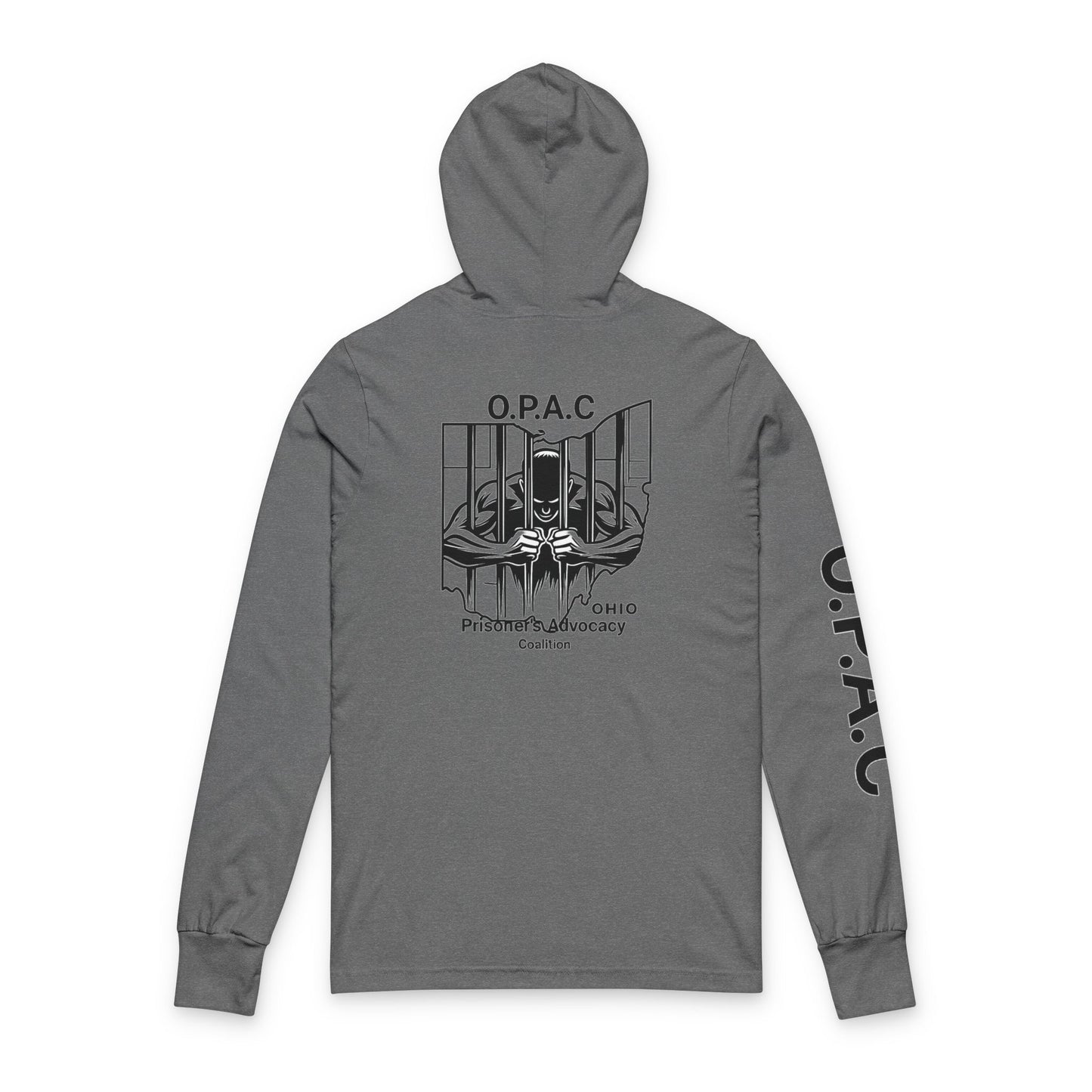 O.P.A.C. Bare-Chested BIG Advocacy Graphic (on back) Hooded Long Black-Lettered Text Sleeve Tee, Prisoner Rights Awareness, Unisex Tee, Casual Advocacy Apparel, Comfortable Statement Wear
