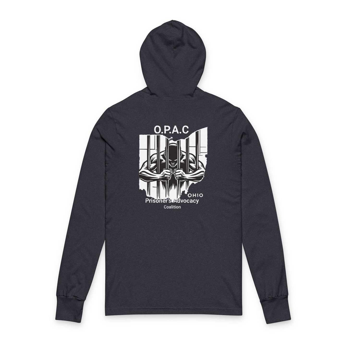 O.P.A.C. White-Lettered Text BIG Advocacy WHITE Graphic (on back) Hooded Long Sleeve Tee, Prisoner Rights Awareness