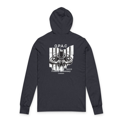 O.P.A.C. White-Lettered Text BIG Advocacy WHITE Graphic (on back) Hooded Long Sleeve Tee, Prisoner Rights Awareness