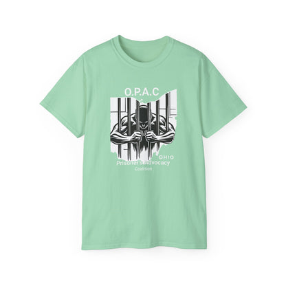 White O.P.A.C. Logo Advocacy Tee, Unisex Cotton T-Shirt for Supporters, Prison Advocacy, Social Justice, Awareness Shirt, Gift for Activists