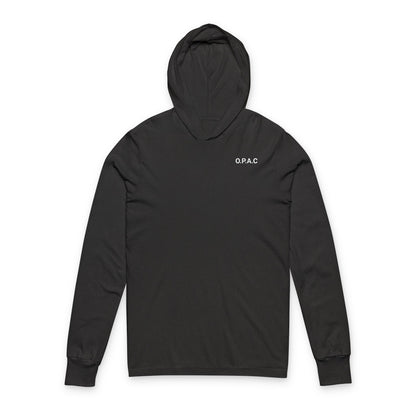 O.P.A.C. White-Lettered Text BIG Advocacy WHITE Graphic (on back) Hooded Long Sleeve Tee, Prisoner Rights Awareness
