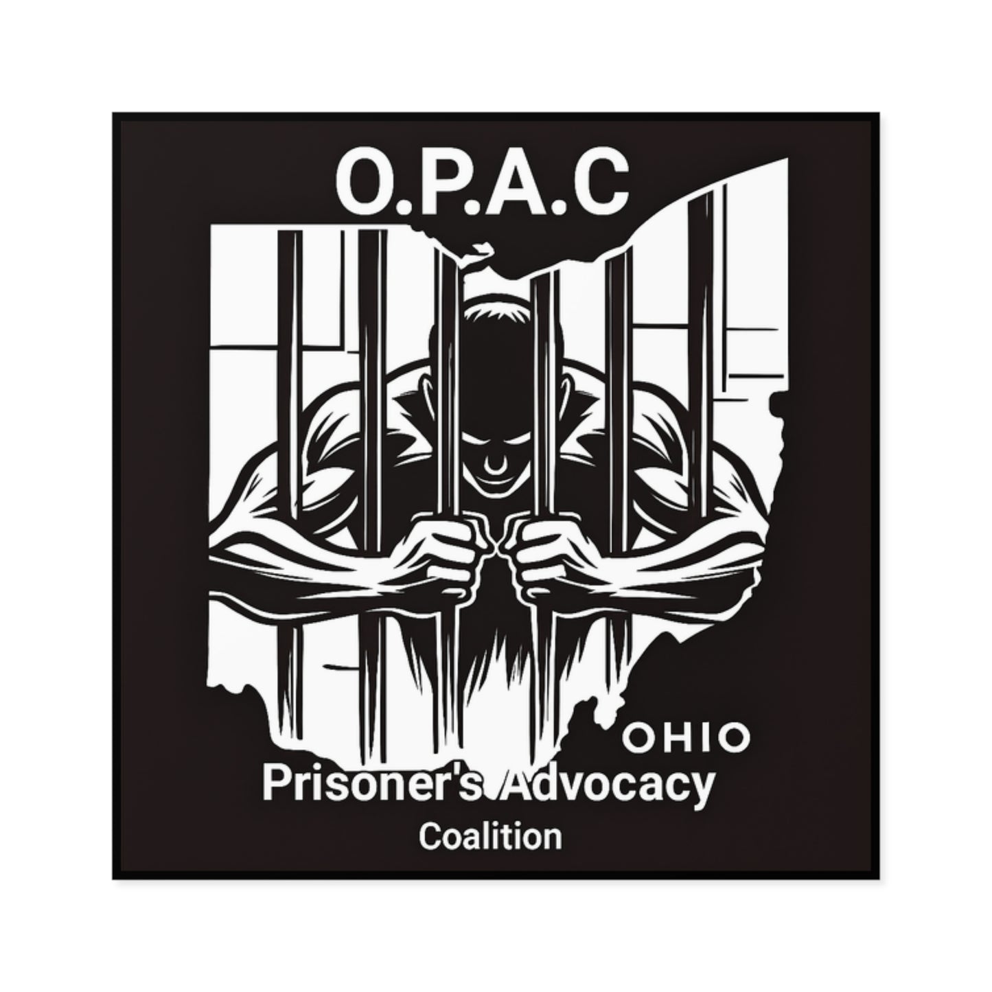 Prison Advocacy Laminate Stickers, Square, Black, O.P.A.C. Designs, Justice Reform, Awareness Campaign, Activism, Prisoner Rights