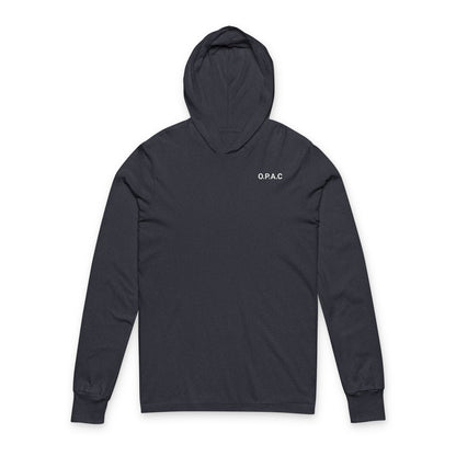 O.P.A.C. White-Lettered Text BIG Advocacy WHITE Graphic (on back) Hooded Long Sleeve Tee, Prisoner Rights Awareness