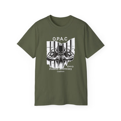 White O.P.A.C. Logo Advocacy Tee, Unisex Cotton T-Shirt for Supporters, Prison Advocacy, Social Justice, Awareness Shirt, Gift for Activists