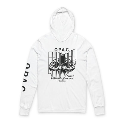 O.P.A.C. Advocacy Graphic Hooded Long Black-Lettered Text Sleeve Tee, Prisoner Rights Awareness