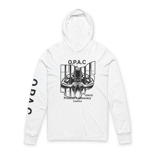 O.P.A.C. Advocacy Graphic Hooded Long Black-Lettered Text Sleeve Tee, Prisoner Rights Awareness