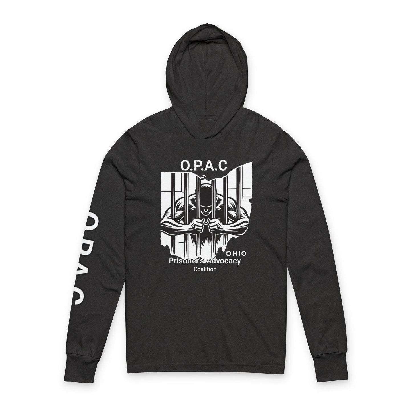 O.P.A.C. Unisex Advocacy White Graphic Hooded Long White-Lettered Text Sleeve Tee, Prisoner Rights Awareness