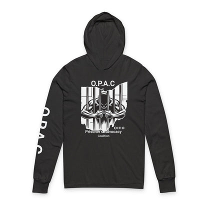 O.P.A.C. Unisex Advocacy White Graphic Hooded Long White-Lettered Text Sleeve Tee, Prisoner Rights Awareness