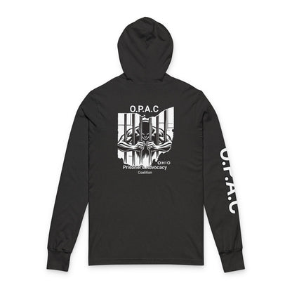 O.P.A.C. Bare-Chested BIG Advocacy Graphic (on back) Hooded Long White-Lettered Text Sleeve Tee, Prisoner Rights Awareness,
