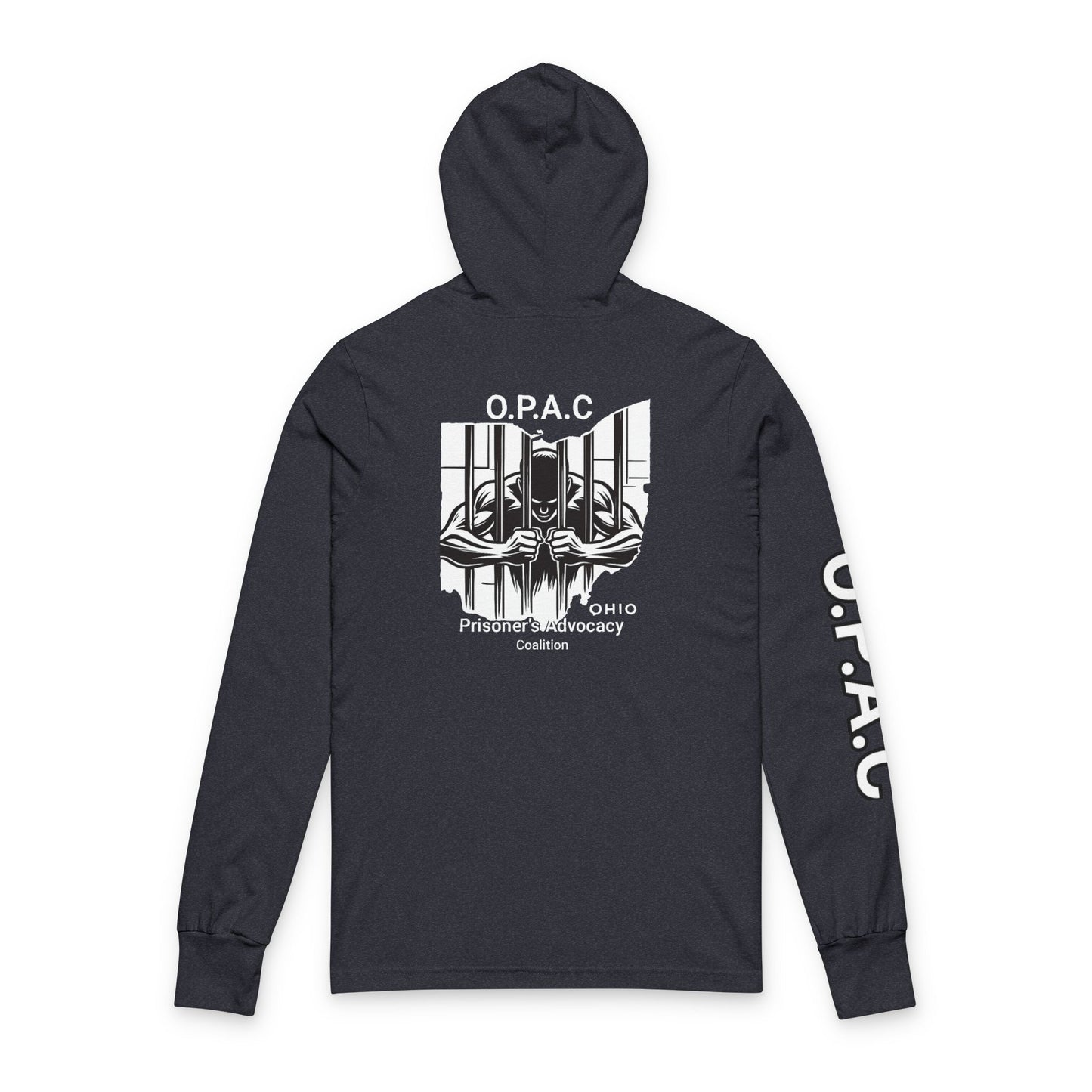 O.P.A.C. Bare-Chested BIG Advocacy Graphic (on back) Hooded Long White-Lettered Text Sleeve Tee, Prisoner Rights Awareness,