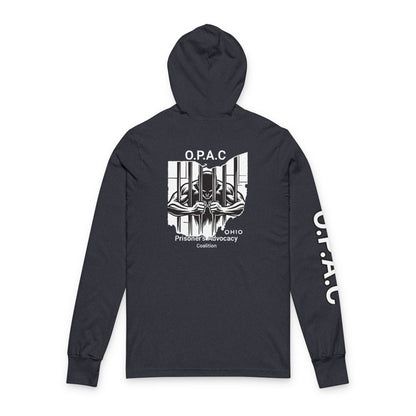 O.P.A.C. Bare-Chested BIG Advocacy Graphic (on back) Hooded Long White-Lettered Text Sleeve Tee, Prisoner Rights Awareness,