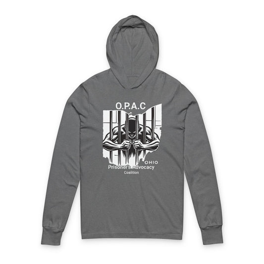 O.P.A.C. Advocacy WHITE Graphic Hooded Long Sleeve Tee, Prisoner Rights Awareness