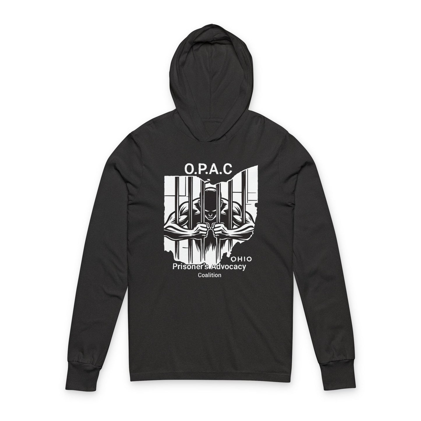 O.P.A.C. Advocacy WHITE Graphic Hooded Long Sleeve Tee, Prisoner Rights Awareness