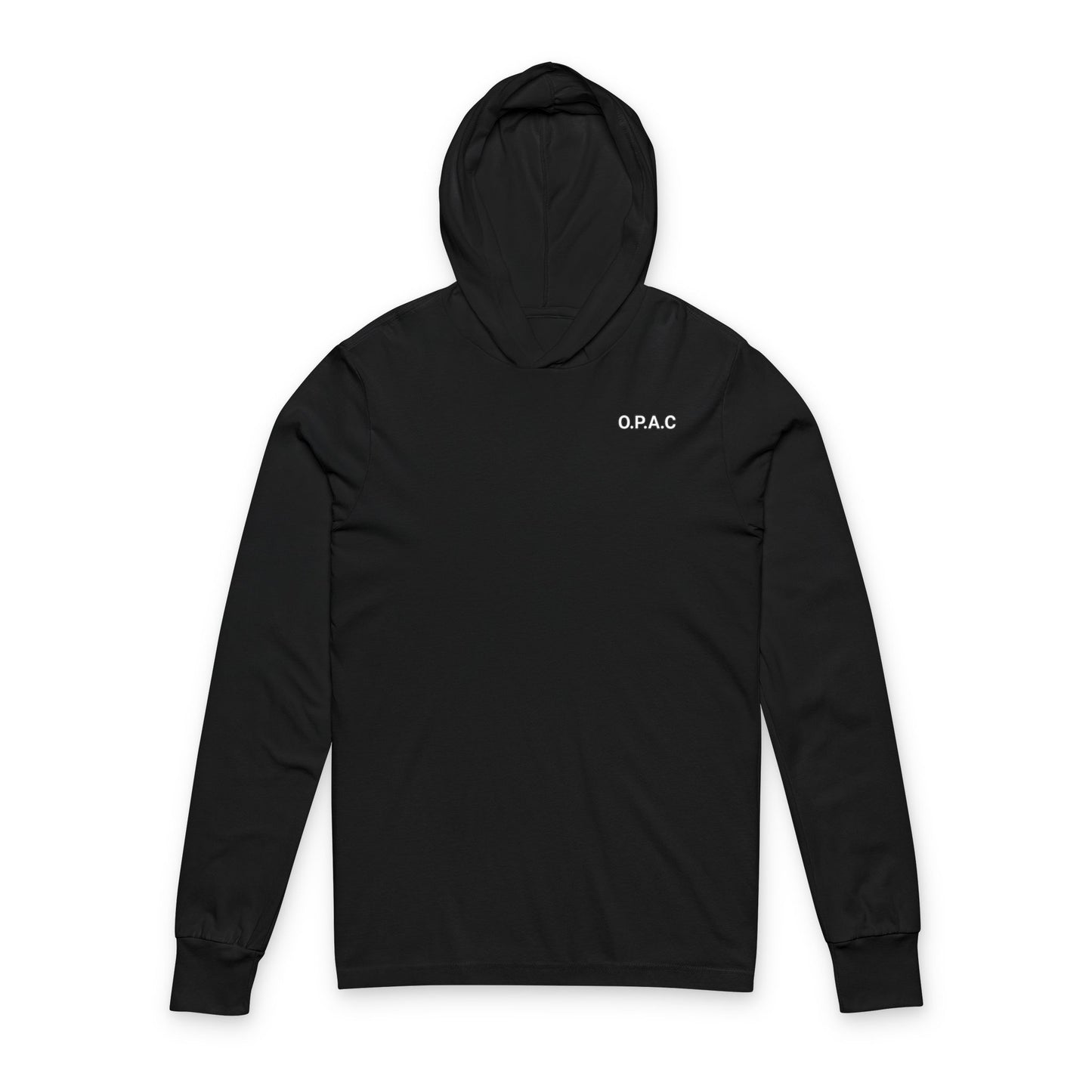 O.P.A.C. White-Lettered Text BIG Advocacy WHITE Graphic (on back) Hooded Long Sleeve Tee, Prisoner Rights Awareness